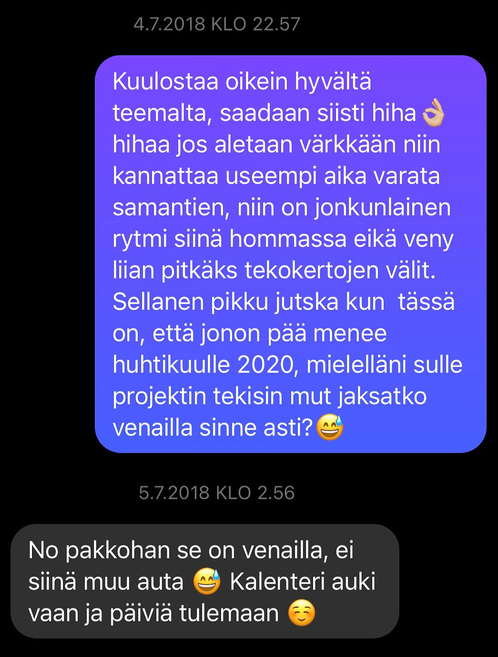 Hetken sai hänkin hihaansa odotella, mutta niin se vaan saatiin valmiiksi. Aikaa siihen hetkeen kului hieman yli kaksi vuotta ensimmäisestä viestistä.