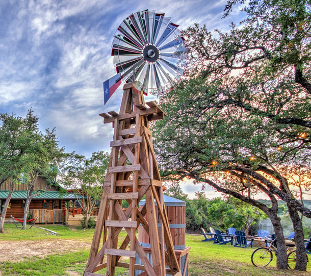 Camp-David-Retreat-Dripping-Springs-TX-windmill, bunkhouse, bicycle, outdoors, views