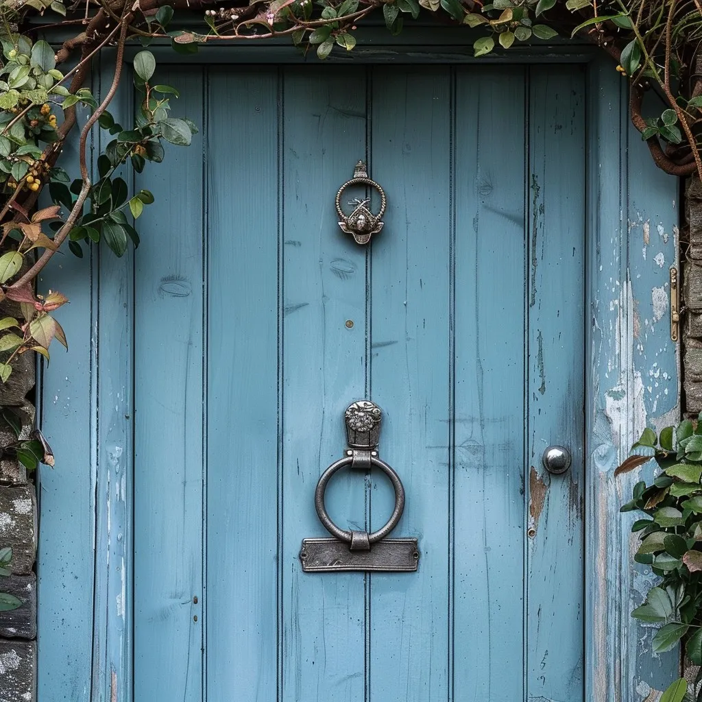 black metal door knockers on teal classic front door with greenery archway for doors decor on farmhouse or modern new home after realtor closing sale for house buyers