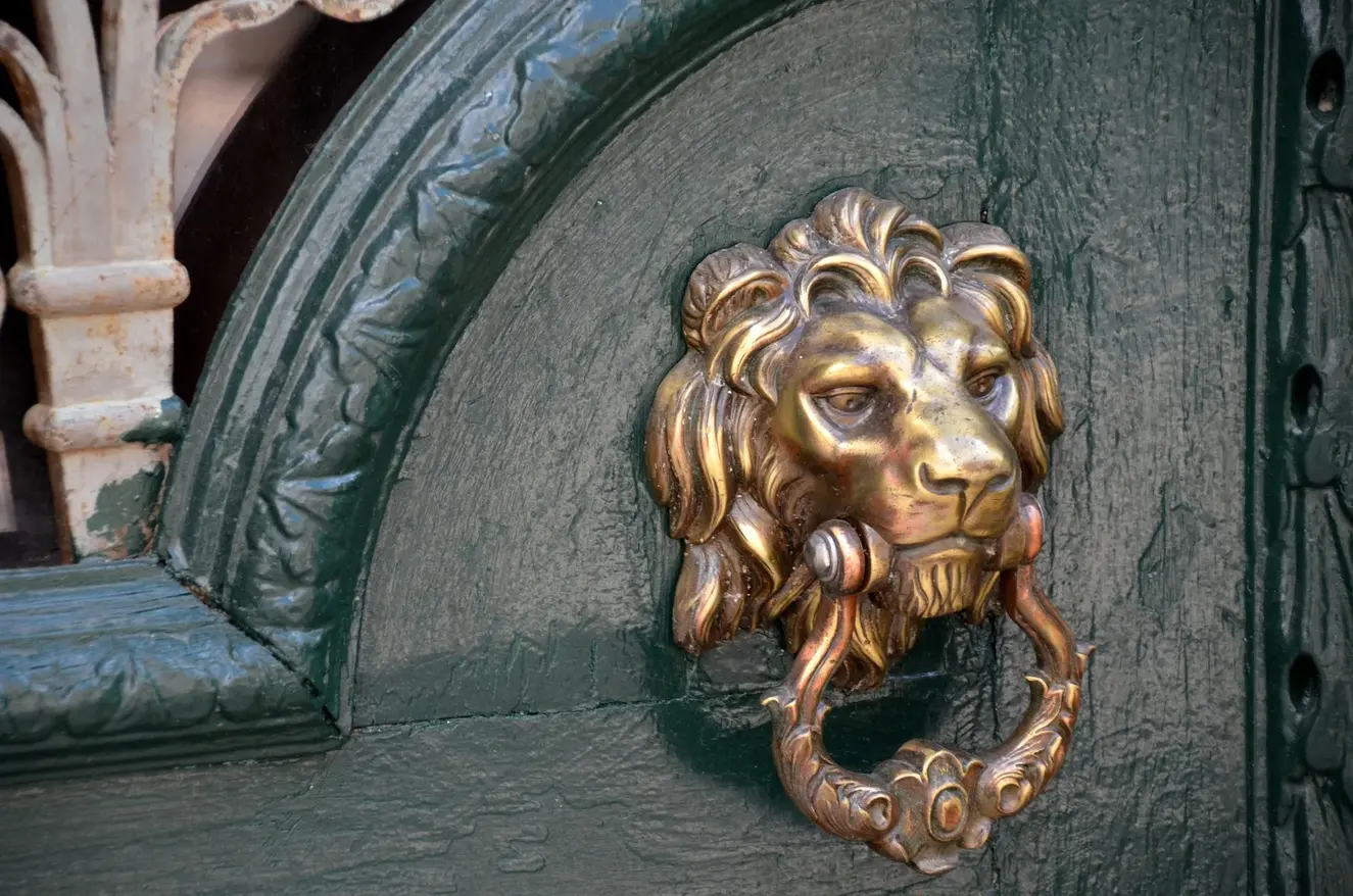 Traditional brass lion head door knocker on classic wooden door for porch decor ideas weatherproof to withstand the elements and last all year round