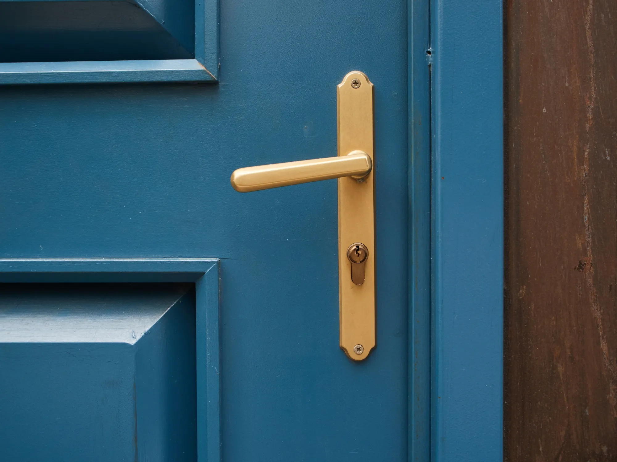 Gold door handle on light blue door for entryway ideas and front door decor sleek modern designer experts at color matching for inside and outside doors on porch, patio or living spaces