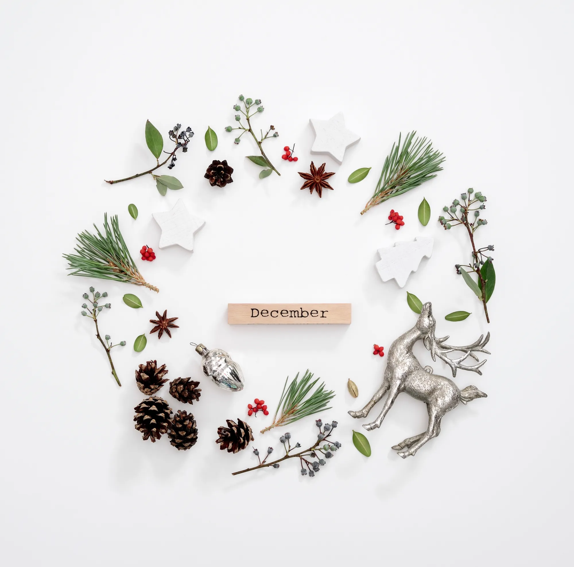Winter-themed arrangement of pinecones, silver ornaments, branches and red berries in a circle wreath shape around a wood sign labeled 'December' to signify festive greetings.