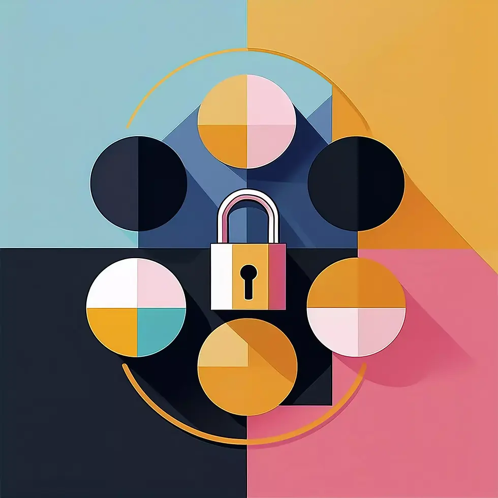 abstract artwork with yellow pink and blue panels with circle wreath decorations and padlock in center representing durability and high-quality wreath materials