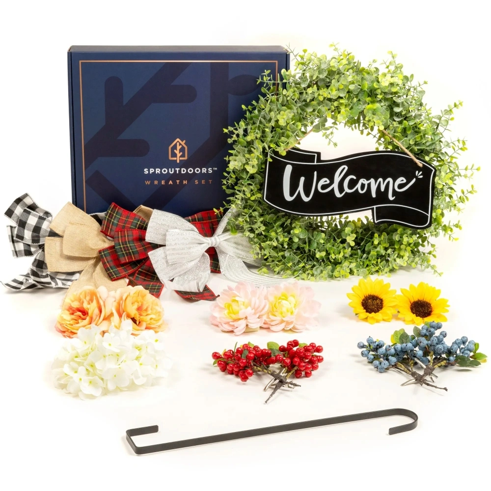 All included wreath set with bow flower and berry decorations for easy install and instant curb appeal for new house and apartment owners