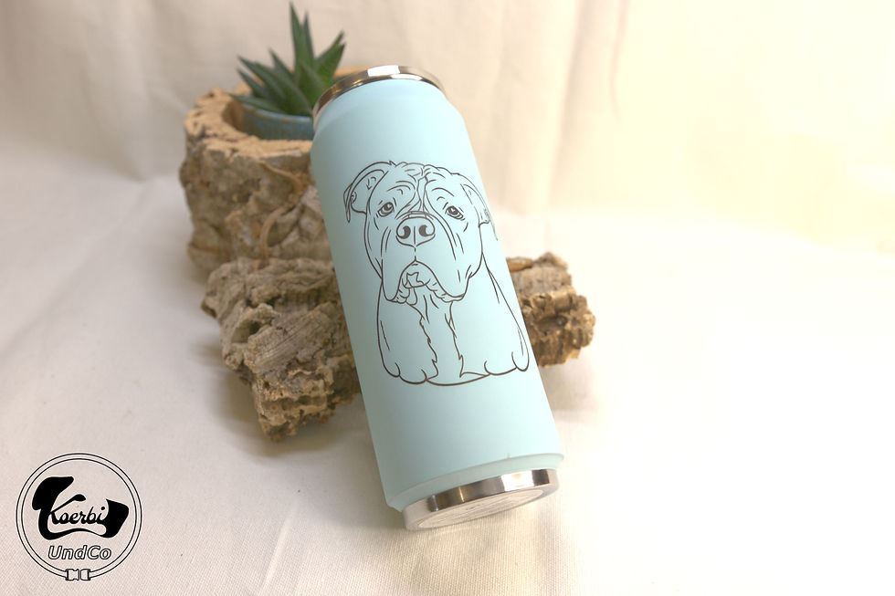 Miniaturbild: Hellblaue Thermoskanne mit Bulldoggen-Motiv