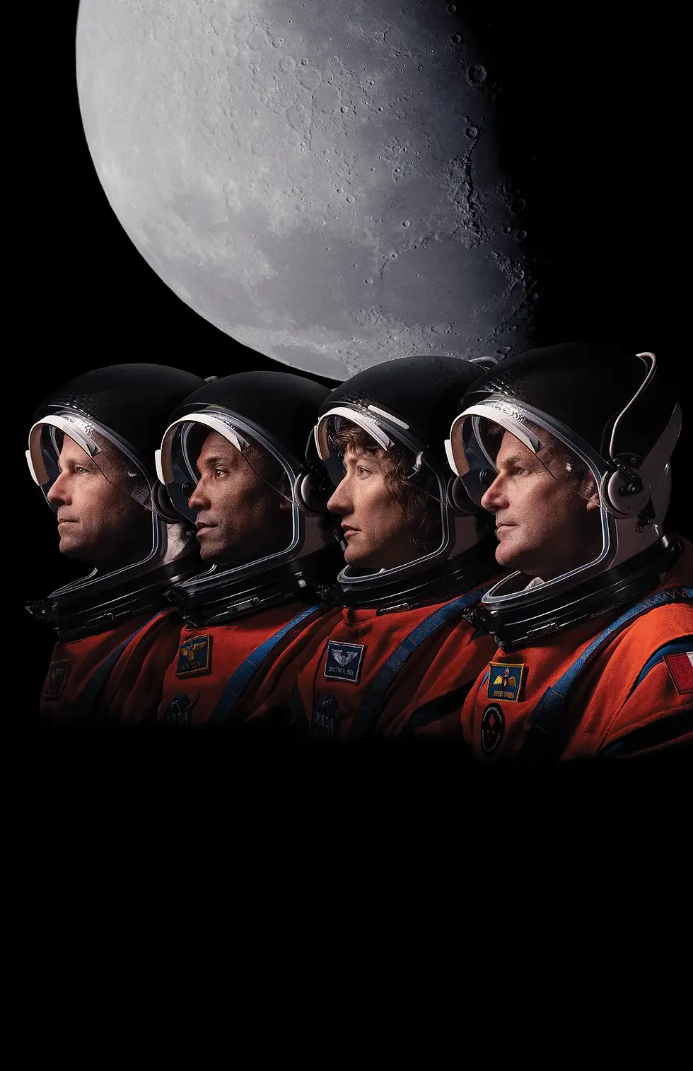Photo credit: NASA, Artemis II astronauts Victor Glover, Reid Wiseman, and Christina Hammock Koch, suited and ready for their mission, are pictured against a backdrop of the moon.
