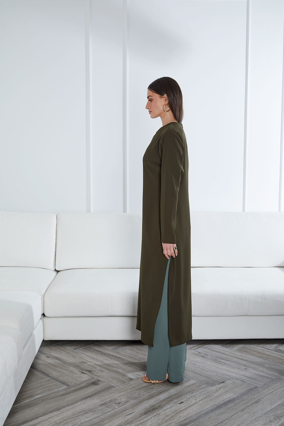 Thumbnail: Long sleeve tailored midi dress with side slits