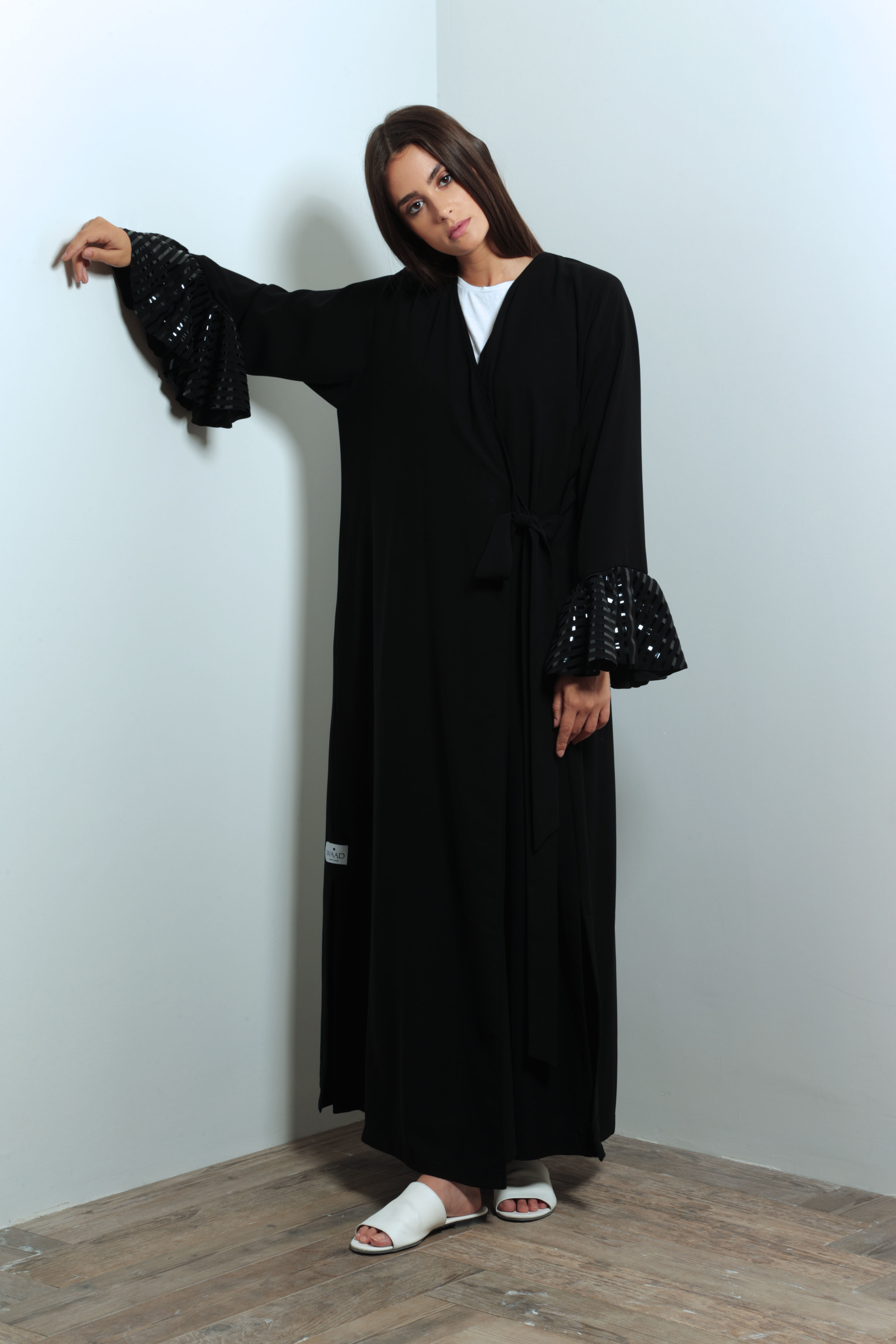 Leather ruffle sleeves abaya