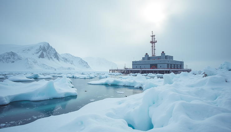 Eye-level view of Canadian Arctic research station surrounded by snow and ice