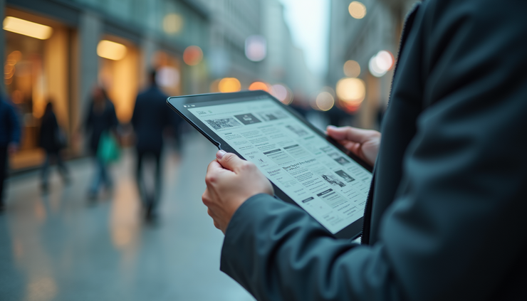 Eye-level view of a person reading news on a digital tablet in a public space