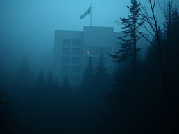 Foggy scene of a building with a flag on top, surrounded by dark trees. A warm light glows from a window, creating an eerie atmosphere.