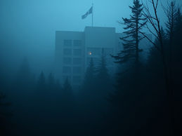 Foggy scene of a building with a flag on top, surrounded by dark trees. A warm light glows from a window, creating an eerie atmosphere.