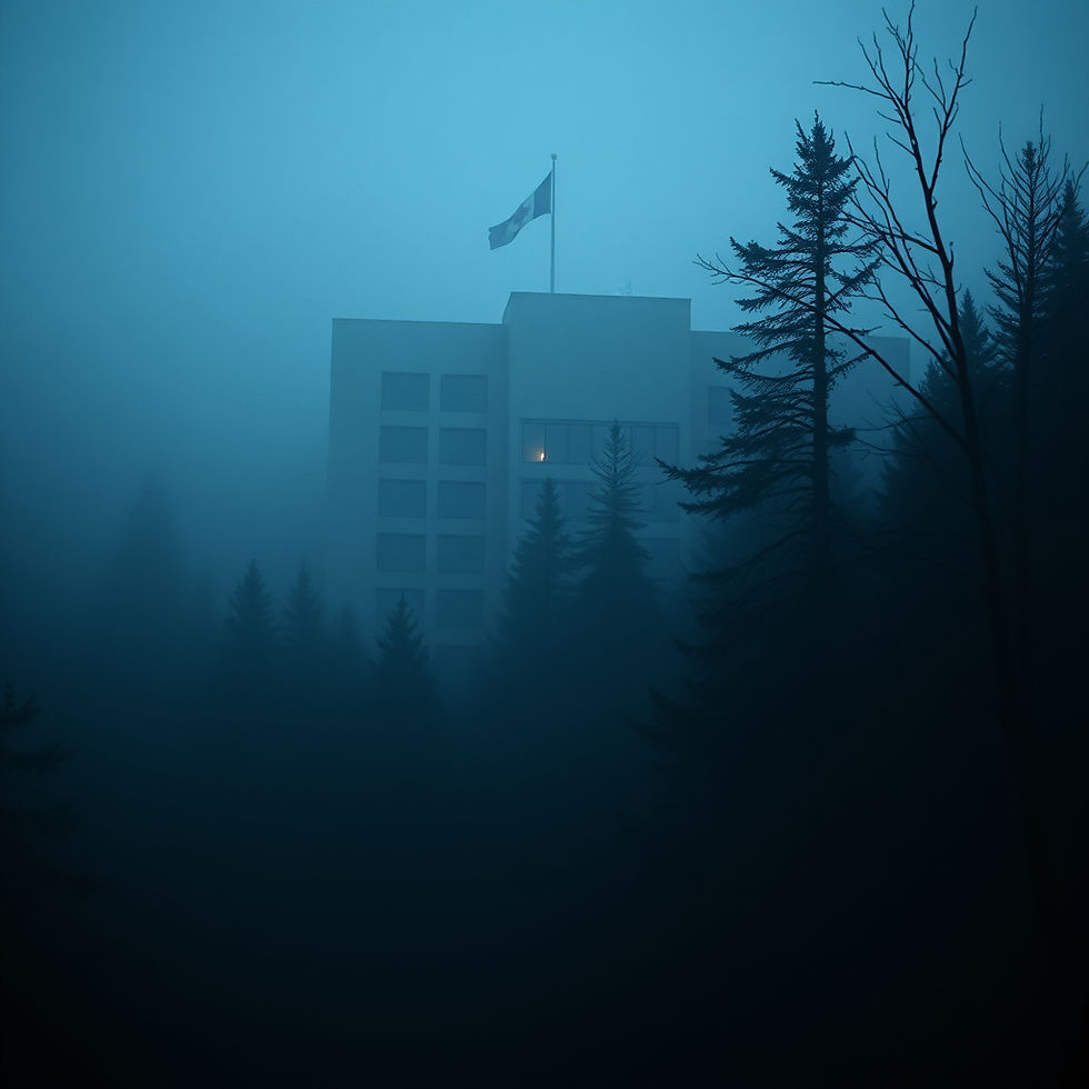 Foggy scene of a building with a flag on top, surrounded by dark trees. A warm light glows from a window, creating an eerie atmosphere.