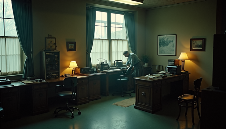 Eye-level view of a vintage Canadian wartime intelligence office with old communication equipment