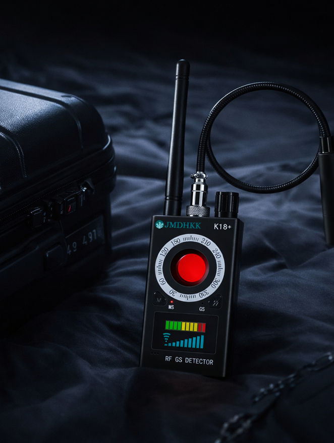 RF signal detector displayed on a dark bed next to travel luggage, suggesting covert security checks while traveling.