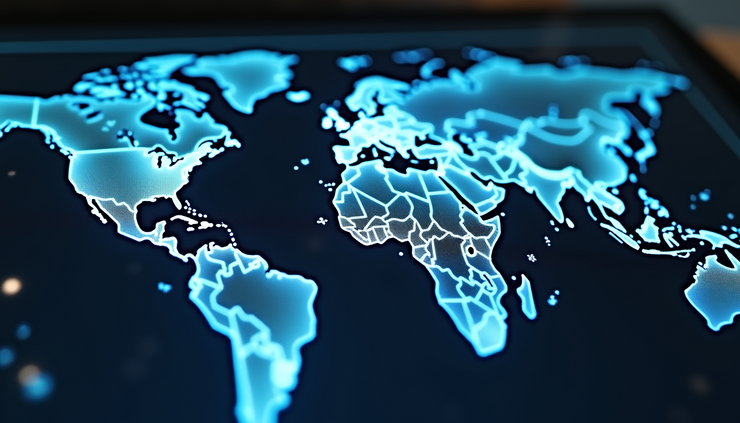High angle view of a digital map showing global information flows