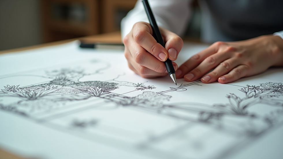 Close-up view of a landscape designer’s hands sketching a garden plan on paper