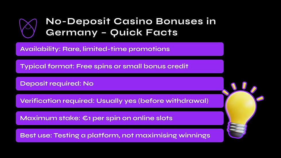Quick facts about no-deposit casino bonuses in Germany including availability, limits, and verification requirements