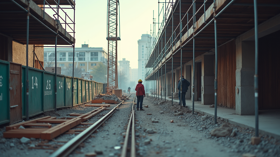 Eye-level view of a construction site with scaffolding and workers