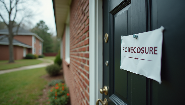 Eye-level view of a residential house with foreclosure notice on the door