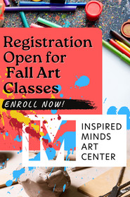 Smiling students of all ages painting, sculpting, and acting on stage at Inspired Minds Art Center in Buda, TX. Banner text reads: “Fall Art & Theatre Classes – Now Enrolling – All Ages & Abilities Welcome.”