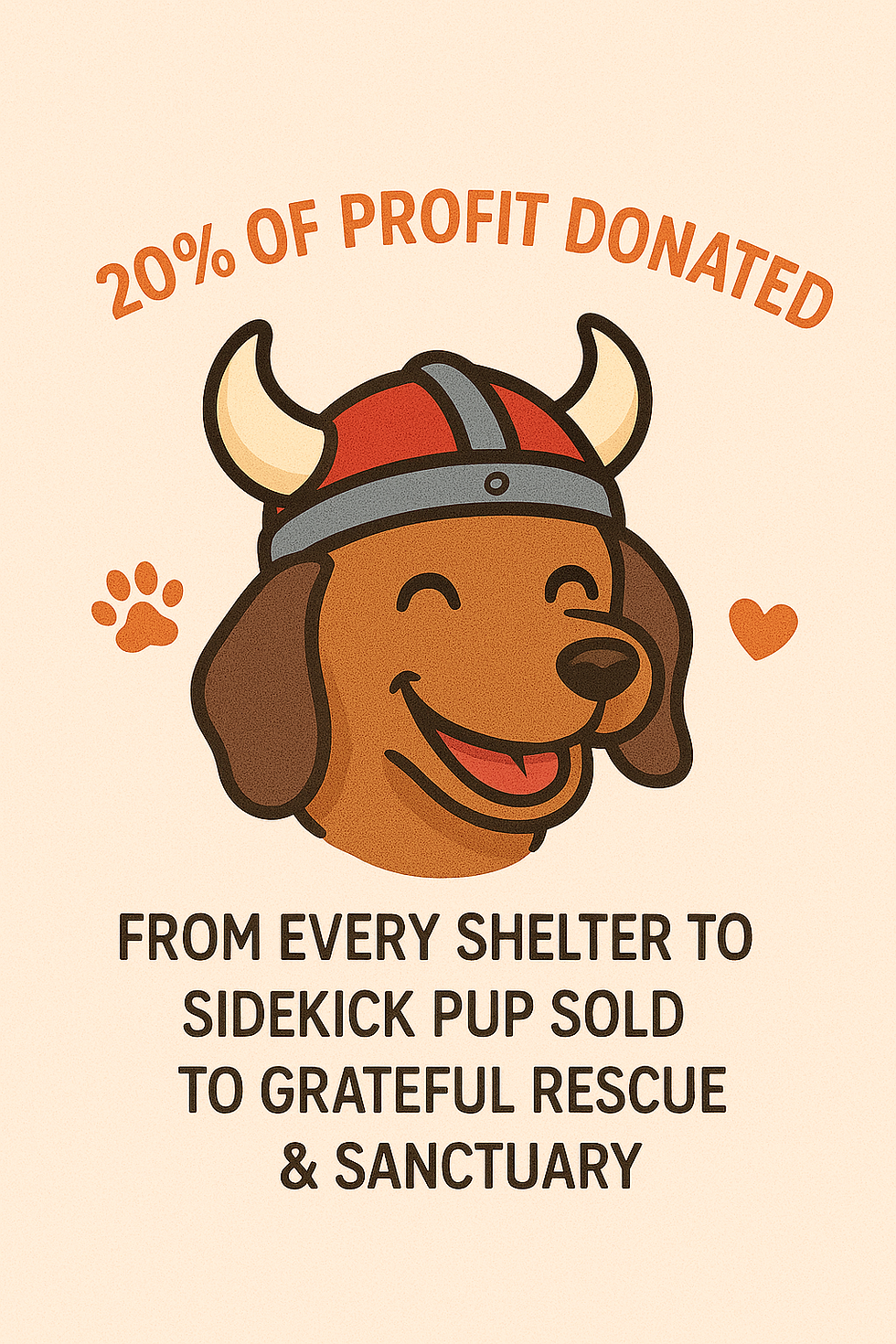 Promotional image depicting a dachshund talking about donating 20% of profits to Grateful Rescue and Sanctuary
