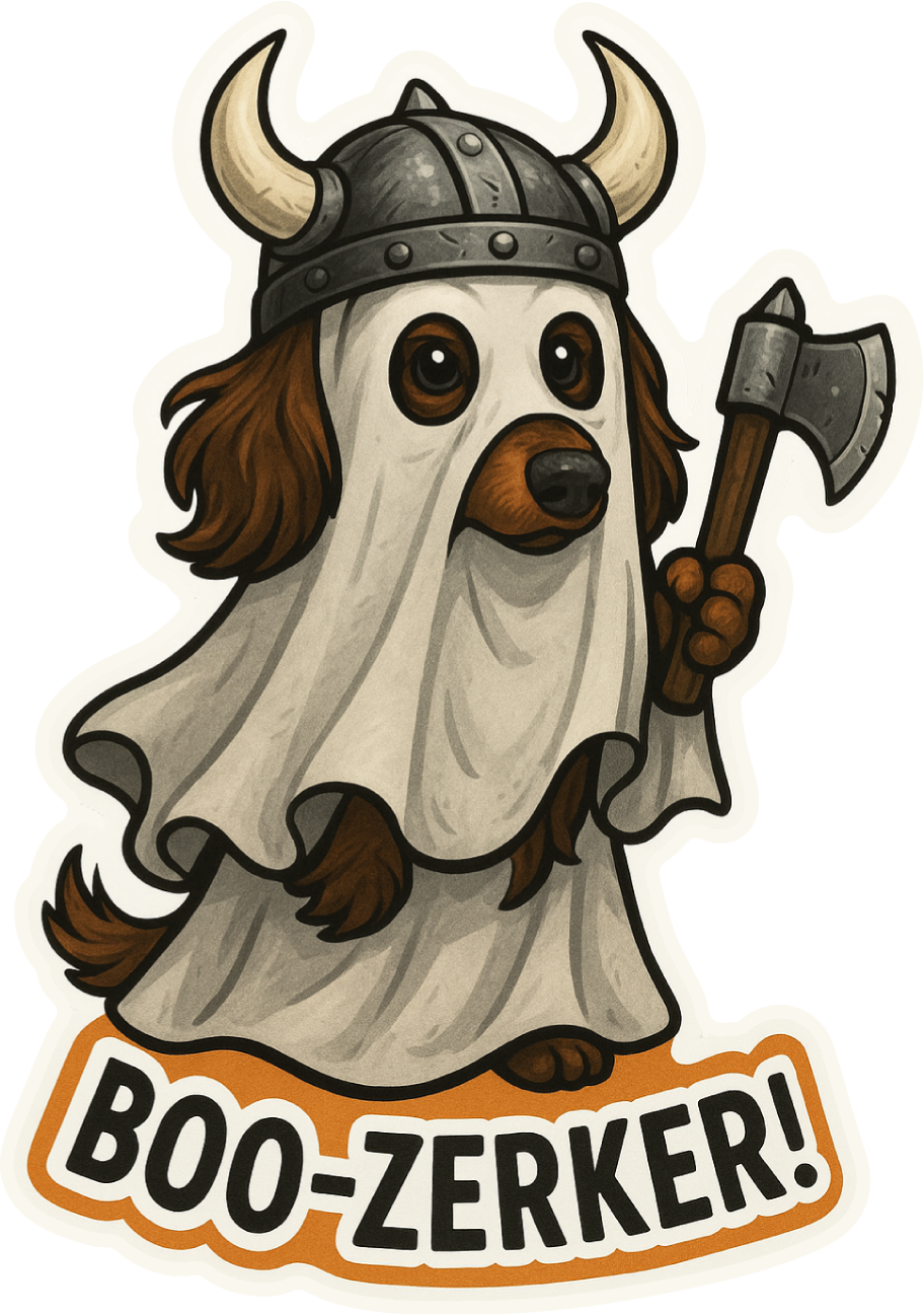 Thumbnail: A viking dachshund in a ghost costume trying to be a Boo-Zerker