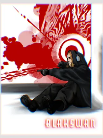 Fan-made BLAKSWAN poster showing a dark seated figure against a mostly white background with bold red graphic shapes, dramatic contrast, and the word “BLAKSWAN” at the bottom.
