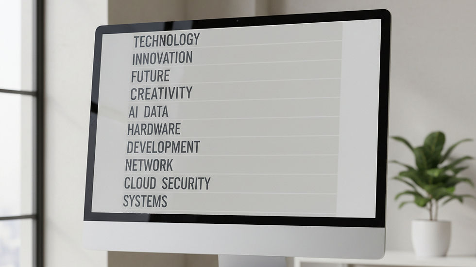 a list of technology keywords on a computer monitor