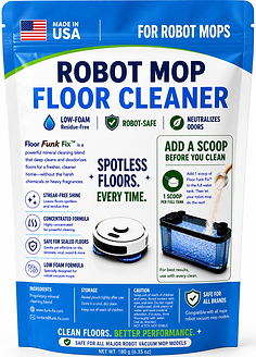 Front and back packaging views of Floor Funk Fix Standard Formula pouch, illustrating the residue-free, streak-free hard surface floor cleaner safe for internal robot vacuum clean water tanks and lines.