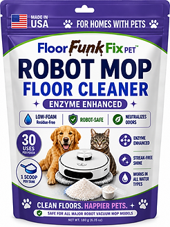 Front and back packaging views of Floor Funk Fix Pet Formula pouch, showcasing the specialized pet-safe floor cleaning solution designed to clear muddy paw tracks and dried drool without sticky residue.