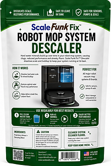 Front and back packaging views of Scale Funk Fix pouch, showing the monthly maintenance line descaler and decalcifier instructions for clearing mineral buildup from heated base station docks and micro-spray nozzles.