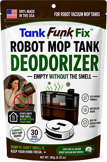 Front and back packaging views of Tank Funk Fix Standard Robot Mop Tank Deodorizer pouch, showing the 100% Made in the USA logo and clear step-by-step instructions for eliminating dirty water tank swamp smells.