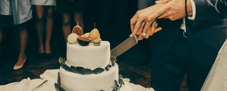 bride and groom cutting wedding cake