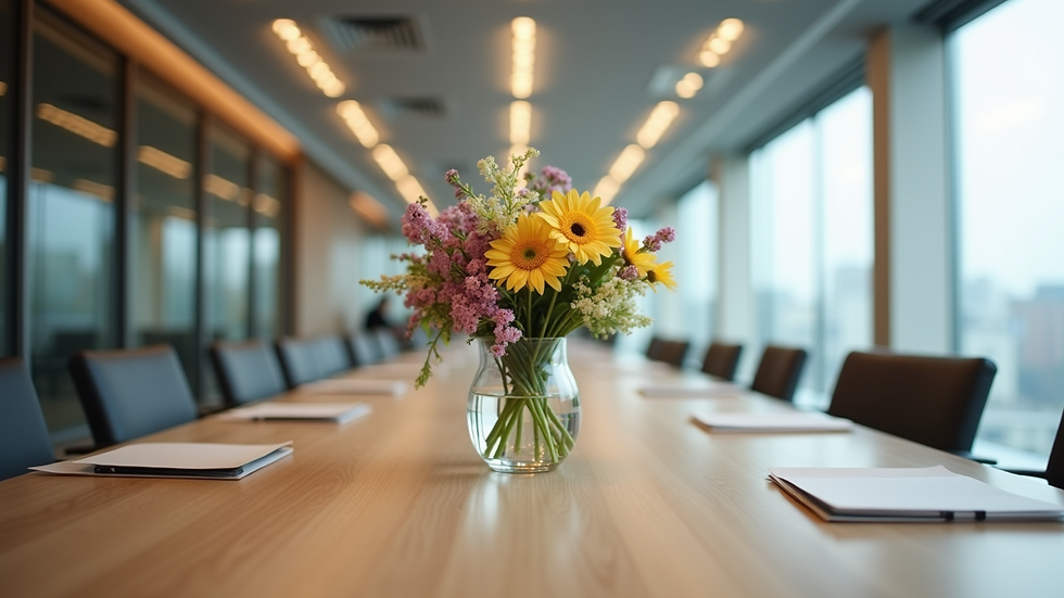 Eye-level view of a stylish flower arrangement on a corporate office desk