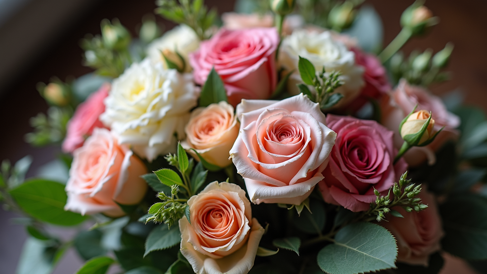 High angle view of a mixed funeral bouquet with roses and carnations
