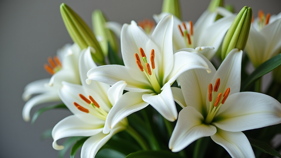Close-up view of white lilies arranged in a funeral bouquet