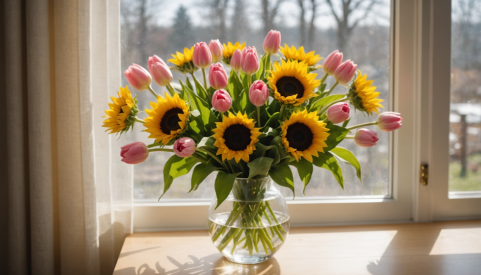 Vase with sunflowers and pink tulips on a window sill, on the wooden surface.