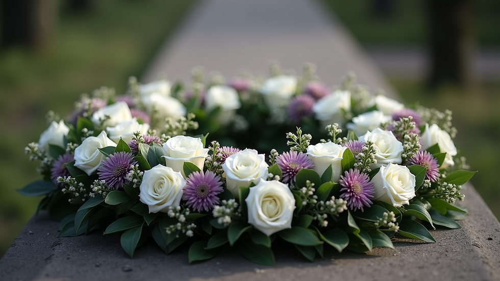 Eye-level view of a funeral wreath with white and purple flowers