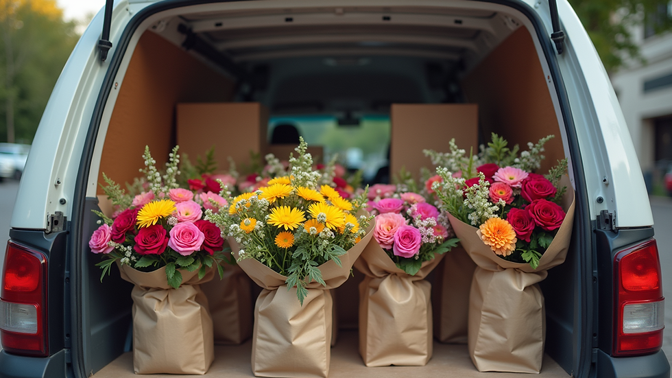 Eye-level view of a delivery van with fresh flower bouquets ready for dispatch