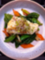 Summer veg stir fry, grilled monkfish, alfalfa sprouts dish from a private chef gallery