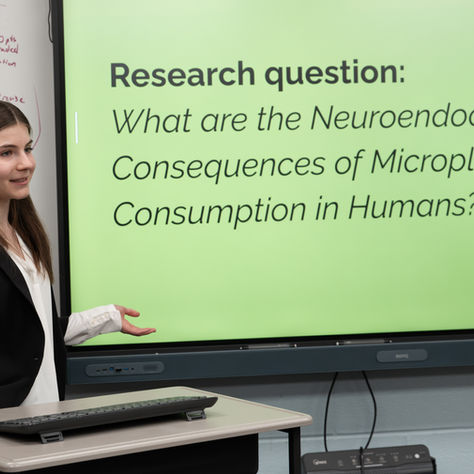 Woman presenting research on neuroendocrinological effects of microplastic in humans. Text on green background; classroom setting.