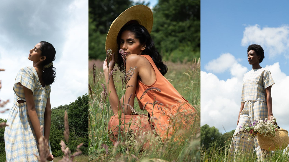 Three individuals in a field: left, woman in blue plaid dress under cloudy sky; middle, woman in orange dress with hat; right, woman in plaid with basket of flowers, blue sky.