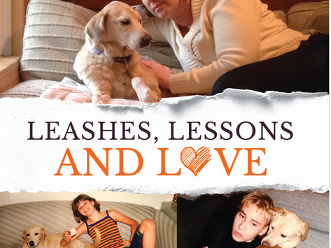 Book cover with woman cuddling a dog, plus two childhood dog photos; title reads Leashes, Lessons and Love by Fern Weis.
