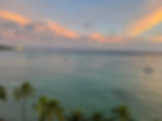 Sunset over a calm ocean with palm trees, a distant sailboat, and a shoreline with buildings. Sky is pink and orange, creating a serene mood.