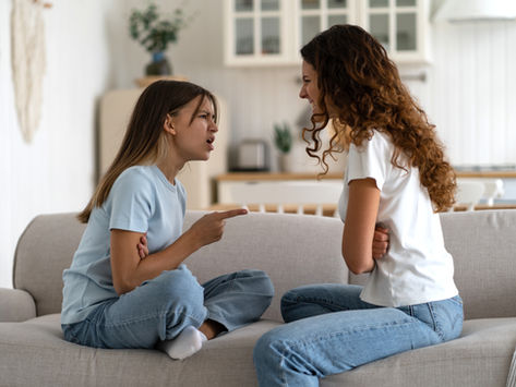 Two women sit on a beige couch in a bright living room, arguing face to face; one points, both look angry.