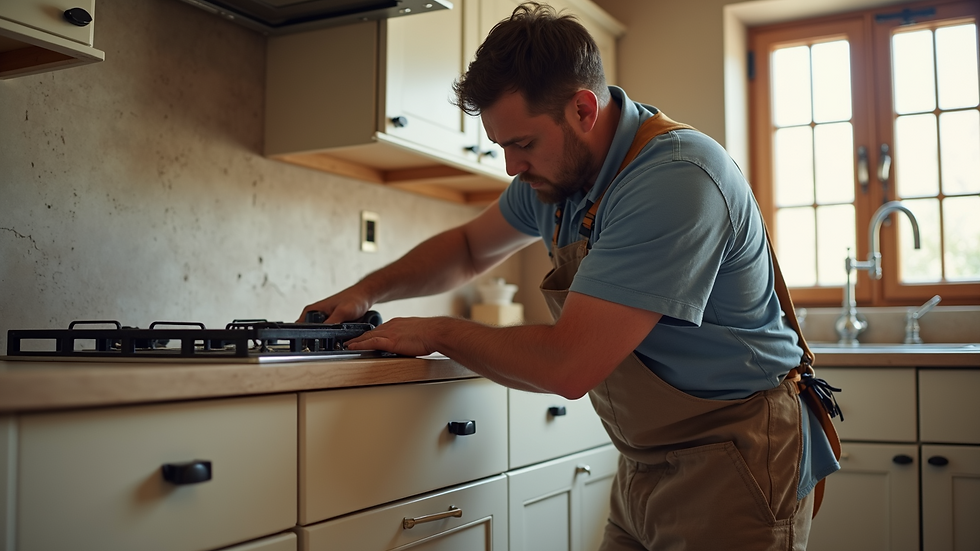 High angle view of a craftsman installing custom cabinetry in a kitchen