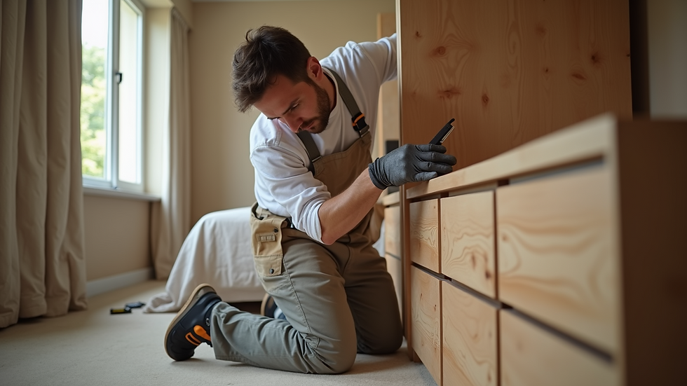 Close-up view of a craftsman installing custom cabinetry in a bedroom