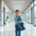 Un enfant souriant sortant d’un hôpital moderne, symbole de guérison et de retour à la vie