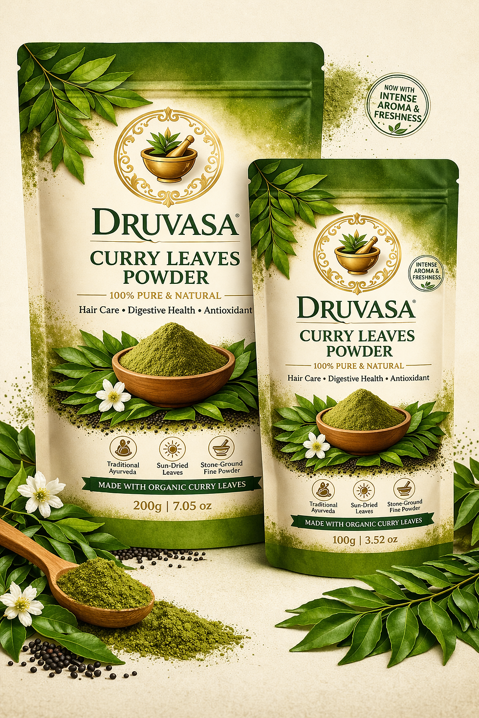 Druvasa Curry Leaves Powder pouches, fresh leaves, and spoon
